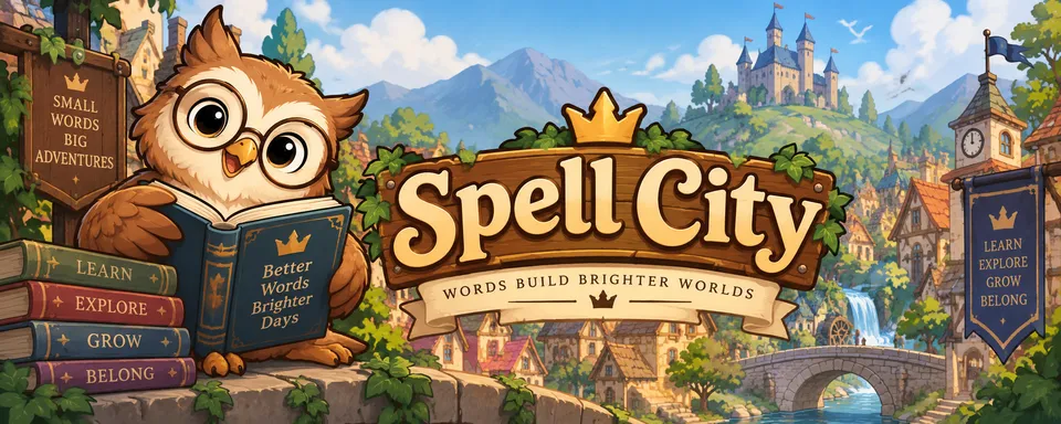 Spell City — words build brighter worlds. An owl reads beside a storybook town.